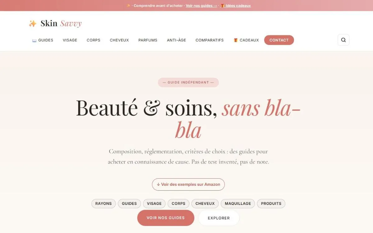Capture de SkinSavvy : guides et comparatifs beauté et soin de la peau